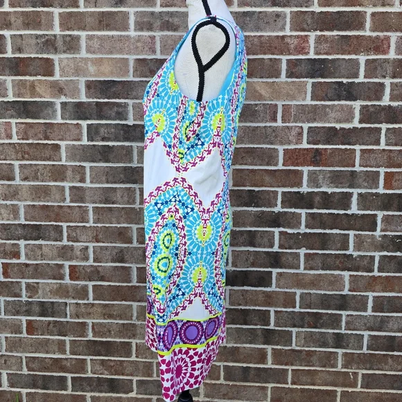 London Style Colorful Geometric Print Dress Size 12 Sleeveless Midi Summer Dress - Picture 4 of 11